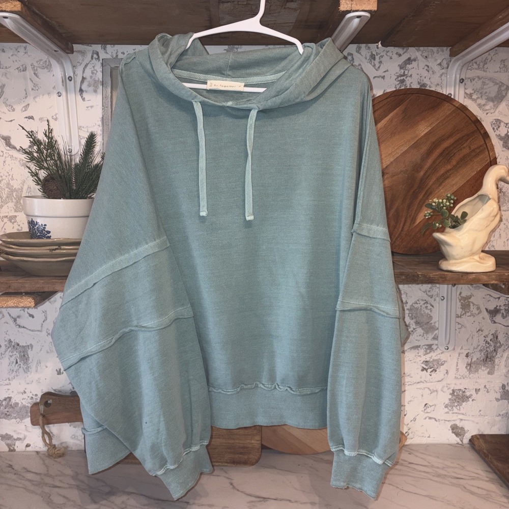 By Together Women's M Oversized Raw Seam Hooded Pullover Sweatshirt 100% Cotton